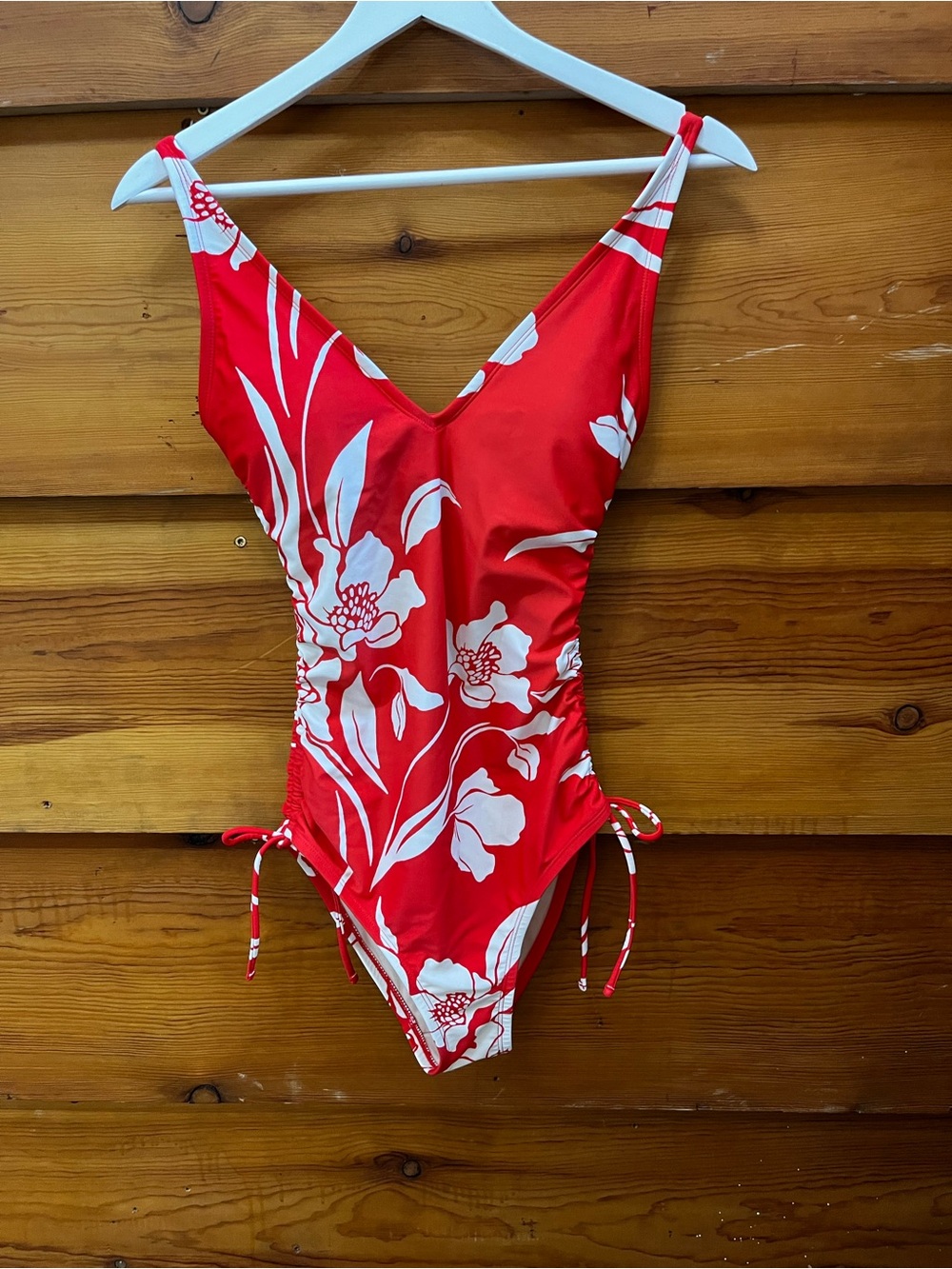 Kona Sol Red Floral One Piece Swimsuit Resort Small Side Ties Adjustable Straps